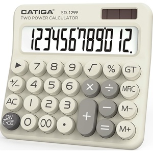 image:imageCATIGA Mechanical Switch Calculator with Solar and Battery Dual Power 12Digit Large LCD Display Aesthetic and Cute Desktop Calculator with Big Button for Home School and Office Use SD1299Z Beige